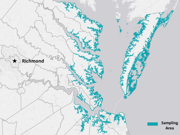 خريطة توضح مناطق Virginia التي ستُجرى فيها عملية أخذ عينات مشروع دايموندباك داش - بشكل أساسي على طول المناطق الساحلية القريبة من Chesapeake Bay والمحيط الأطلسي