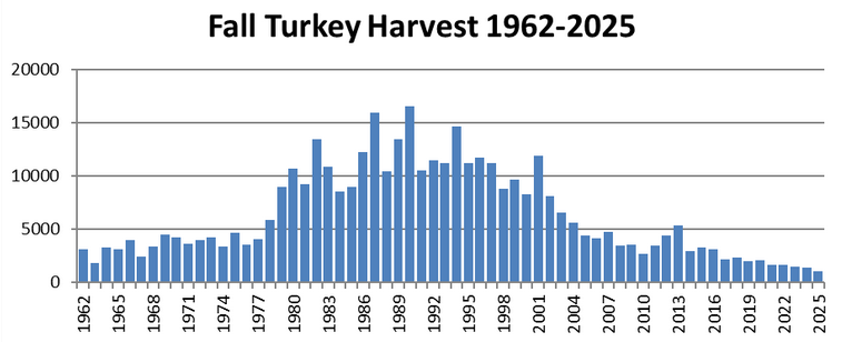 A graph of fall wild turkey harvest numbers in Virginia, from 1962 to 2025