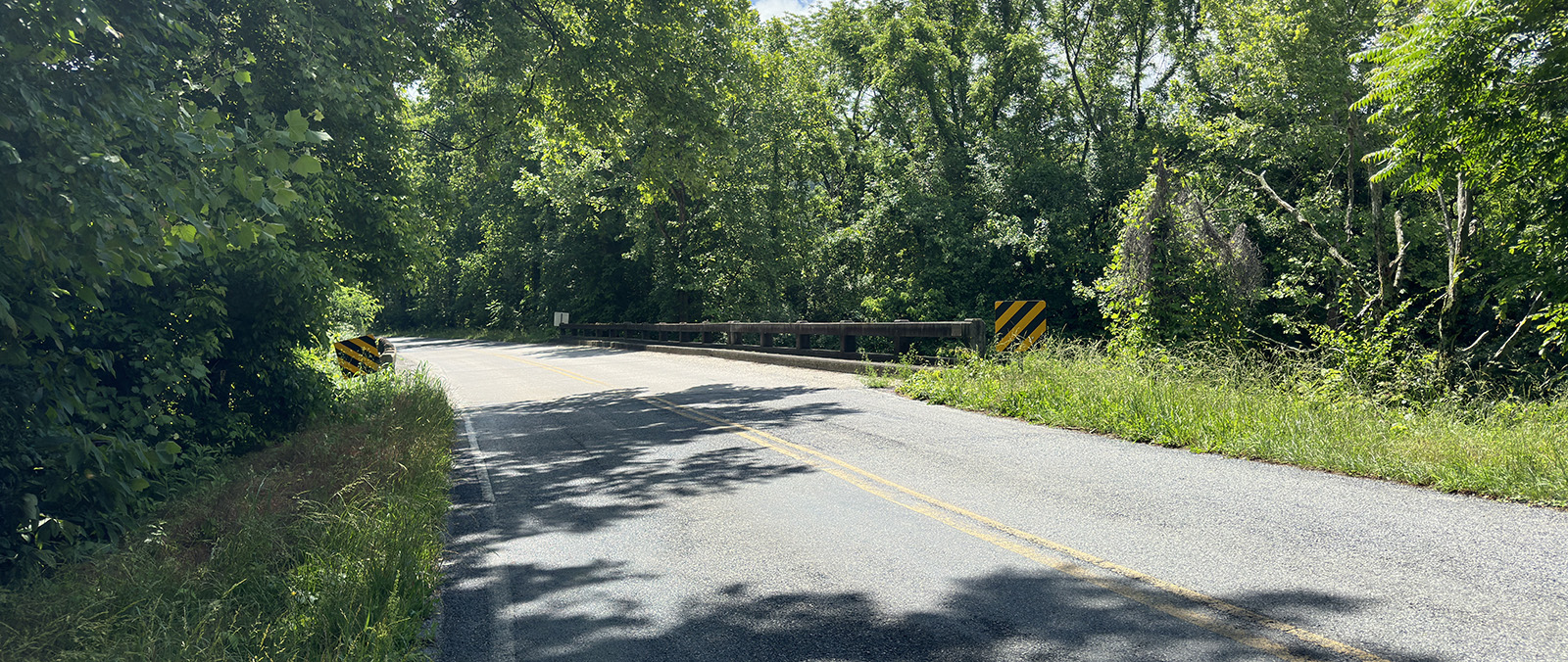 A photo of a road curving over a small bridge and through the trees.