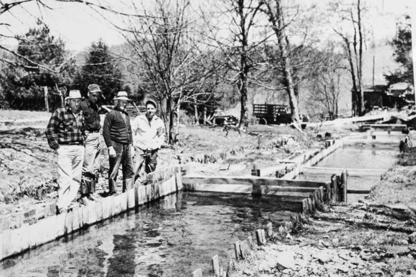 صورة بالأبيض والأسود لأربعة رجال يقفون بجانب المجاري المائية