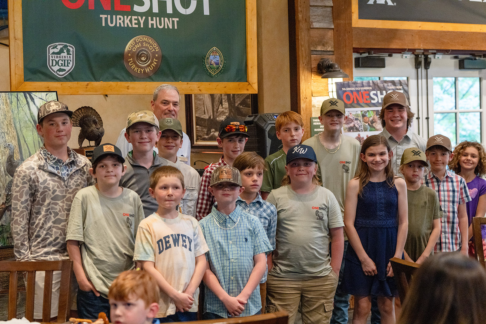 صورة لمجموعة من الشباب أمام لافتة "طلقة واحدة لصيد الديك الرومي".