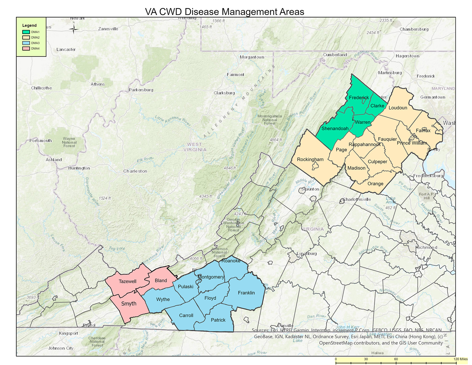 خريطة لولاية فرجينيا مع بعض الولايات الغربية بألوان مختلفة.