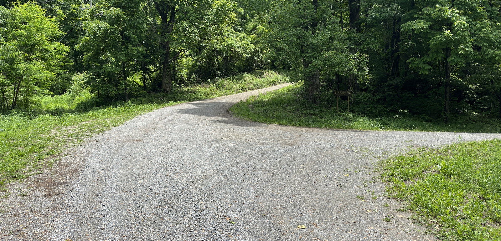 A photo of a gravel road that splits in two, to the left and the right.
