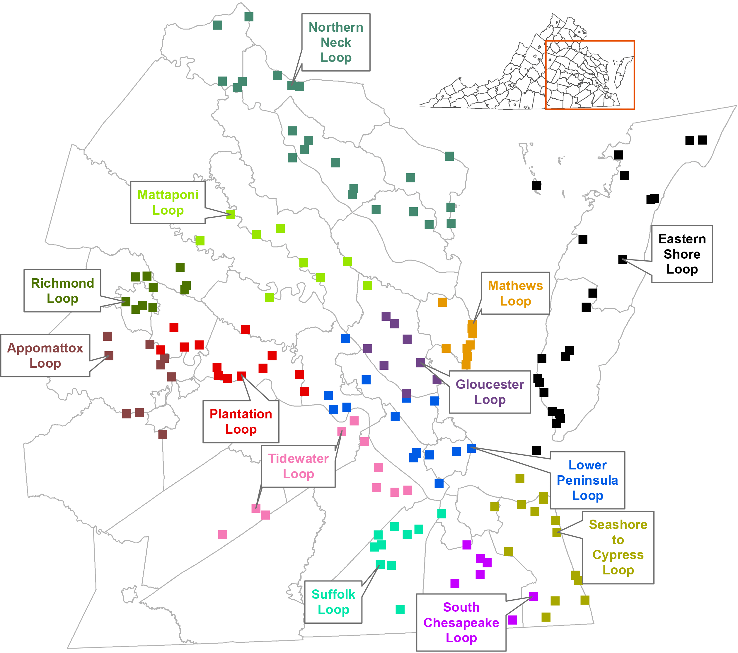 خريطة فرجينيا مع عرض حلقات مسار فيرجينيا للطيور والحياة البرية