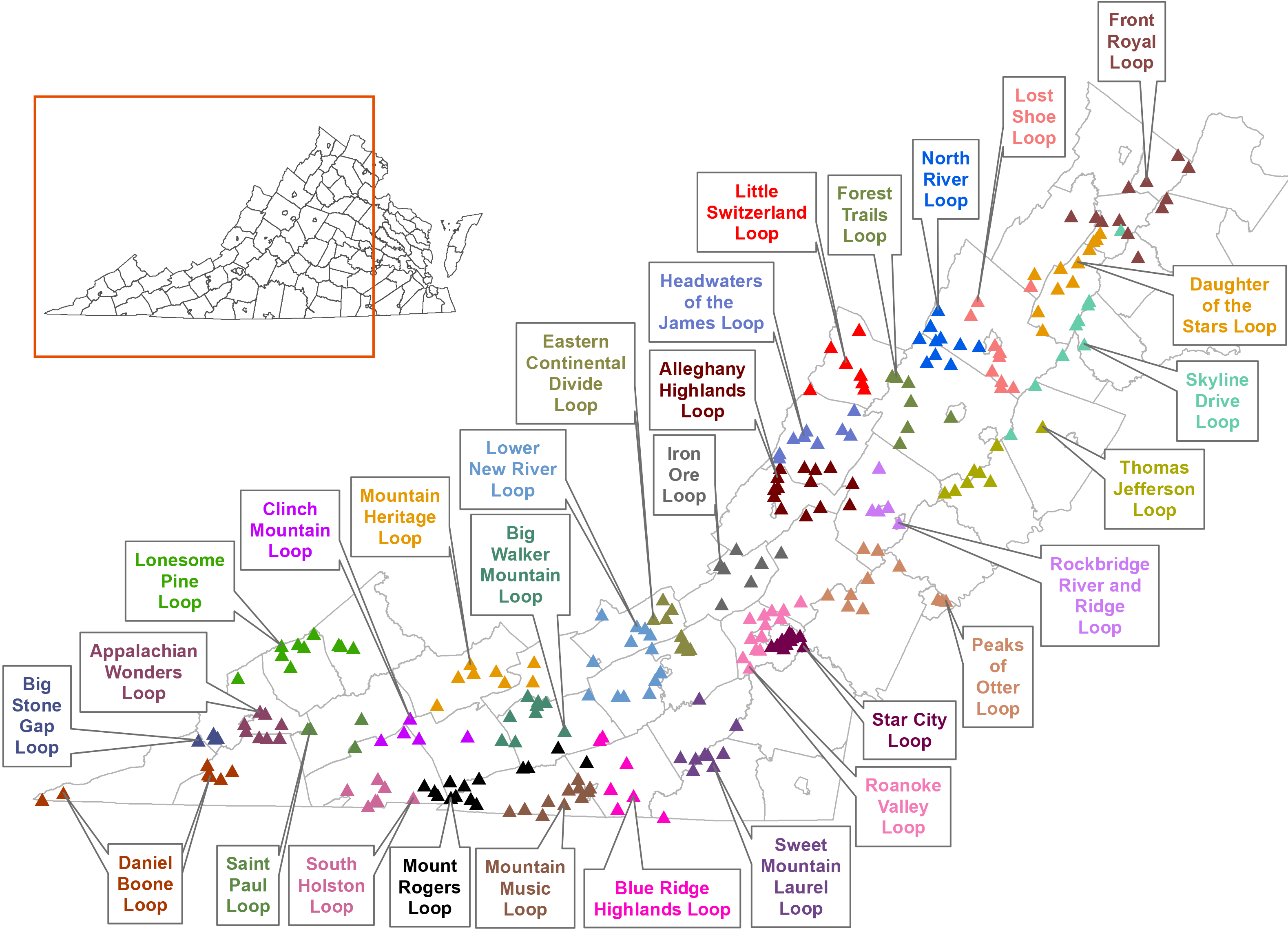 خريطة فرجينيا مع عرض حلقات مسار فيرجينيا للطيور والحياة البرية