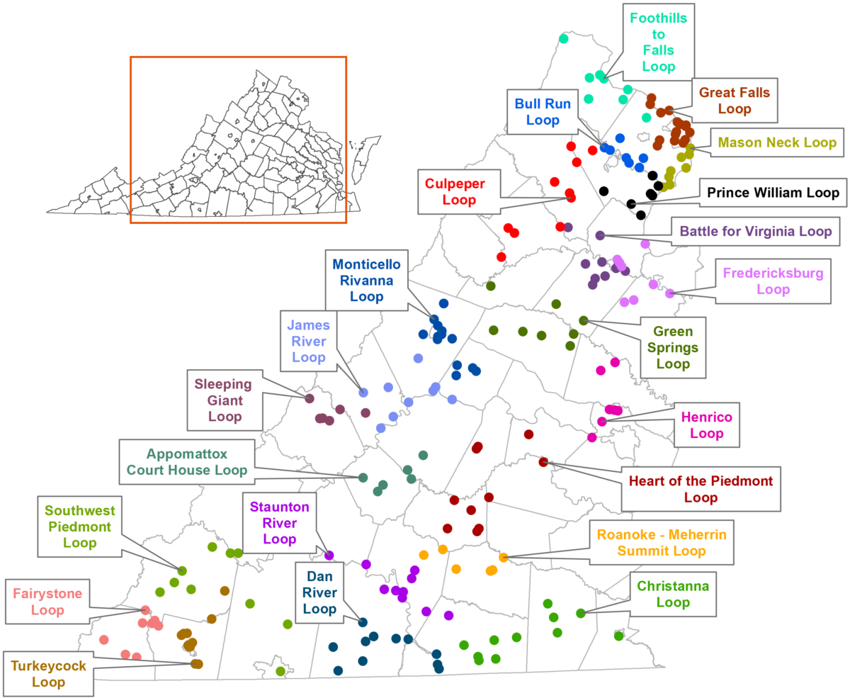 خريطة فرجينيا مع عرض حلقات مسار فيرجينيا للطيور والحياة البرية