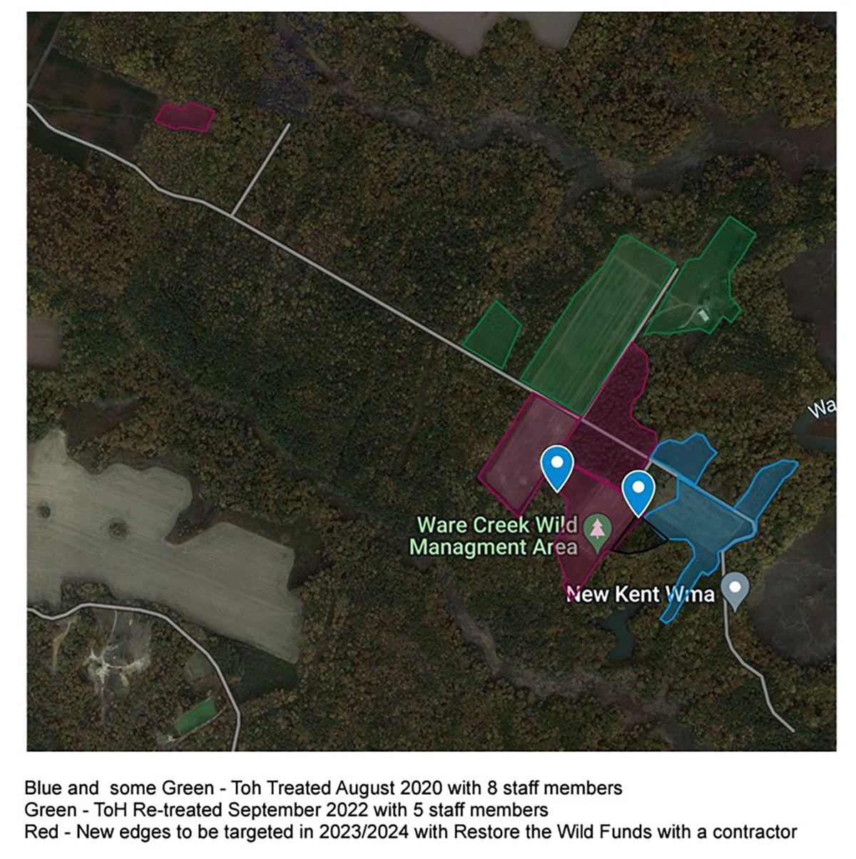 خريطة لثلاث خطط علاجية مختلفة وأماكن تنفيذها في منطقة وير كريك WMA